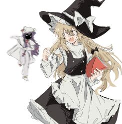  2girls angry apron black_hat black_skirt black_vest blonde_hair blue_bow book bow braid chasing crescent crescent_hat_ornament dress ebuna fleeing flying_sweatdrops furious hair_bow hat hat_bow hat_ornament highres holding holding_book kirisame_marisa long_hair long_sleeves mob_cap multiple_girls multiple_hair_bows open_mouth patchouli_knowledge purple_hair red_bow running side_braid simple_background single_braid skirt striped_clothes striped_dress sweat theft touhou vertical-striped_clothes vertical-striped_dress very_long_hair vest waist_apron white_apron white_background white_bow witch_hat yellow_eyes 