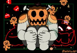  1boy 6+others artist_name black_eyes black_hair commentary deltarune duster hand_on_another's_shoulder holding holding_duster holding_key hugging_own_legs jack-o'-lantern jackenstein_(deltarune) key kiyo-giana mixed-language_commentary multiple_others nail_(hardware) no_pupils patchwork_skin pink_skirt pumpkin sitting skirt smile standing standing_on_one_leg tutu utdr_(toby_fox) 