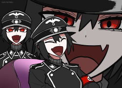  1girl :d black_hair hair_between_eyes hat koalakanru laughing laughing_tom_cruise_(meme) meme military military_hat military_uniform multiple_views nazi open_mouth original peaked_cap red_eyes short_hair smile sven_hoffmann upper_body 