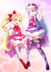  2girls :d aisaki_emiru black_thighhighs blonde_hair bow commentary_request cone_hair_bun cure_amour cure_macherie double_bun earrings full_body fuyuzora gloves hair_bow hair_bun highres hugtto!_precure jewelry looking_at_viewer magical_girl multiple_girls open_mouth pom_pom_(clothes) pom_pom_earrings precure purple_hair purple_shoes red_eyes red_shoes ruru_amour shoes smile thigh-highs violet_eyes white_gloves white_thighhighs 