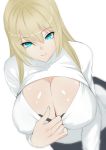  1girl aqua_eyes bent_over black_bra blonde_hair bra breasts cleavage daglasses dutch_angle hair_between_eyes huge_breasts long_hair open-chest_sweater original shirt_tug simple_background smile solo sweater underwear white_background 