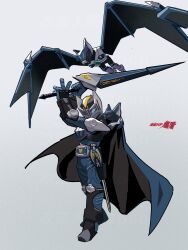  1boy absurdres bat_(animal) blue_bodysuit blue_cape bodysuit cape highres holding holding_sword holding_weapon kamen_rider kamen_rider_knight kamen_rider_ryuki_(series) male_focus non-humanoid_robot penpenhuihui robot robot_animal solo_focus sword v_buckle weapon 