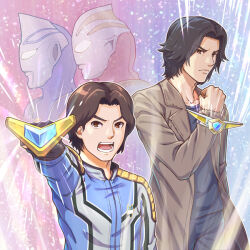  4boys agulater alien arm_at_side arm_up aura black_gloves black_hair black_pants black_shirt blue_background blue_gem blue_jacket blue_skin brown_coat brown_eyes brown_hair clenched_hand closed_mouth coat collarbone color_timer colored_skin commentary compound_eyes curtained_hair d: dorsal_fin dual_persona emblem esplender fingerless_gloves forehead_jewel fujimiya_hiroya furrowed_brow gem giant giant_male gloves glowing glowing_eyes gomi gradient_background grey_jacket hand_up henshin jacket long_sleeves looking_at_viewer male_focus medium_hair multicolored_jacket multicolored_skin multiple_boys open_clothes open_coat open_mouth outstretched_arm pants parted_bangs raised_fist red_background red_skin serious shirt short_hair silver_skin sparkle_background spine takayama_gamu teeth thick_eyebrows tokusatsu two-tone_background two-tone_skin ultra_series ultraman_agul ultraman_gaia ultraman_gaia_(series) upper_body white_eyes wind xig_uniform yellow_jacket 