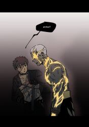  2boys abs absurdres black_gloves chinese_commentary colored_skin commentary_request cuffs dark-skinned_male dark_skin emiya_alter emiya_alter_(third_ascension) emiya_shirou emiya_shirou_(the_one_who_withstood_pain) facial_mark fate/grand_order fate_(series) gloves half_gloves highres male_focus multicolored_skin multiple_boys muscular muscular_male navel pectorals red_hair shackles spades_moai topless_male two-tone_skin very_dark_skin white_hair yellow_eyes yellow_skin 