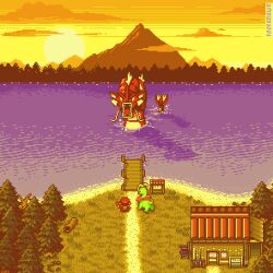  1boy 2others alternate_color artist_name clouds english_commentary foofarawr golden_hour grass gyarados highres house lake lake_of_rage meganium mountain multiple_others partially_submerged pixel_art pokemon pokemon_(creature) pokemon_gsc shadow shiny_pokemon sky sunset tree water 