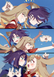  >_< 2girls animal_ears black_choker blonde_hair blue_background blue_hair brown_hair cho_kaguya-hime! choker closed_eyes commentary crescent crescent_hair_ornament fang forehead_jewel fox_ears fox_girl fox_shadow_puppet fox_shadow_puppet_kiss green_eyes hair_ornament interlocked_fingers kaguya_(cho_kaguya-hime!) karei long_hair multiple_girls open_mouth rabbit_ears rabbit_girl sakayori_iroha untranslatable_commentary yuri 