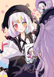  beret black_jacket blunt_bangs blush bow child's_drawing collared_shirt commentary_request drawing_(action) drawing_(object) hairband hat heterochromia holding holding_sketchbook jacket jogasaki_noah lolita_hairband long_hair long_sleeves mahou_shoujo_no_majo_saiban multi-tied_hair multicolored_hair natsume_an-an neck_ribbon pink_eyes polka_dot polka_dot_bow ribbon shirt sketchbook smile speech_bubble spoken_character streaked_hair taimu_(htrgt_31) thought_bubble translation_request very_long_hair violet_eyes white_hair white_shirt yellow_eyes 