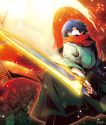  1boy antenna_hair black_socks blue_hair character_request commentary_request determined fighting_stance final_sword flashing fringe_trim green_hakama green_kimono hair_between_eyes hair_ornament hairclip hakama hakama_pants highres holding holding_sword holding_weapon indie_virtual_youtuber jaibon japanese_clothes kimono knee_up light_particles long_sleeves looking_ahead male_focus open_mouth outdoors outline pants parallel_hairclips parody red_scarf red_sky scarf shirt_under_kimono short_hair signature sky socks solo sword teeth upper_teeth_only virtual_youtuber volcano weapon white_outline wide_sleeves yellow_eyes 