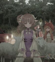  3girls absurdres angelina_(arknights) animal_ears ardelia_(arknights) arknights arknights:_endfield blonde_hair brown_hair car dress eyjafjalla_(arknights) forest fox_ears fox_girl gilberta_(arknights) hashtag-only_commentary highres holding horns motor_vehicle multiple_girls nature outdoors rossi_(arknights) sheep_ears sheep_girl sheep_horns side_ponytail snaph staff white_dress wolf_ears wolf_girl 