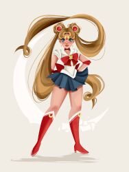  1girl artofseda back_bow bishoujo_senshi_sailor_moon blonde_hair blue_skirt boots bow bowtie circlet commentary crescent crescent_choker crescent_earrings double_bun earrings english_commentary full_body hair_bun high_heel_boots high_heels highres jewelry long_hair looking_at_viewer magical_girl red_boots red_bow red_bowtie sailor_moon sailor_senshi sailor_senshi_uniform skirt solo standing tsukino_usagi 