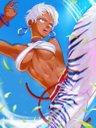  1girl abs baggy_pants bangle bare_shoulders belt blue_eyes blue_sky bracelet breasts choker chromatic_aberration commentary criss-cross_halter dark-skinned_female dark_skin day earrings elena_(street_fighter) flying_kick halterneck high_kick highres hoop_earrings jewelry kicking large_breasts leaf lips medium_breasts midriff namamo_(squidrilling) navel neck_ring official_alternate_hairstyle open_mouth pants short_hair sky solo street_fighter street_fighter_6 toned under_boob untranslatable_commentary very_dark_skin white_hair 