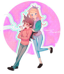  2girls animification antenna_hair artist_name black_shoes blue_eyes blue_pants blush bow bow_hairband breasts brown_hair cigar circle commentary couple cropped_jacket dated_commentary denim drawstring eddsworld fewer_digits flipped_hair full_body green_jacket grey_pants gyuuum_planet99 hair_ears hairband heart height_difference highres holding holding_cigar hood hood_down hoodie jacket jeans lapels leaning long_hair long_sleeves matilda_(eddsworld) multiple_girls open_clothes open_jacket orange_hair outline pants plain_epaulettes purple_bow purple_hairband purple_hoodie red_eyes red_hoodie shoes smile smoke smoking standing standing_on_one_leg swept_bangs tori_(eddsworld) untranslatable_commentary white_background yuri 