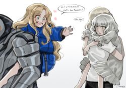  1boy 3girls blonde_hair blue_coat candel645 capcom carrying carrying_person child coat commentary company_connection crossover diana_(pragmata) dress emily_(resident_evil) english_commentary english_text grace_ashcroft grey_hair highres hugh_williams multiple_girls pragmata resident_evil resident_evil_requiem simple_background spacesuit speech_bubble trait_connection waving white_dress 