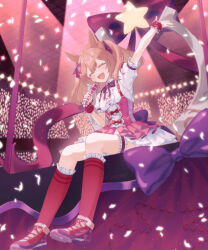  1girl animal_ears blush bow breasts brown_hair center_frills closed_eyes commentary_request frills hair_between_eyes hair_bow hanong_06 highres holding holding_microphone horse_ears horse_girl horse_tail microphone multiple_hair_bows open_mouth pink_bow pink_skirt puffy_short_sleeves puffy_sleeves purple_bow red_socks shirt short_sleeves sitting skirt smart_falcon_(love_4ever)_(umamusume) smart_falcon_(umamusume) smile socks solo stage star_(symbol) suspender_skirt suspenders tail twintails umamusume white_shirt wrist_cuffs 