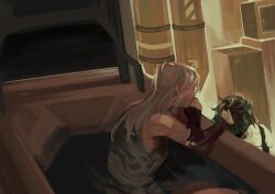  2girls ariane_yeong artist_name bandaged_hand bandages bandaid bandaid_on_shoulder black_hair black_hands colored_extremities colored_skin elster_(signalis) hand_on_another's_head highres indoors long_hair monitor multicolored_skin multiple_girls partially_submerged short_hair signalis signature two-tone_skin water white_hair yuulinshi 