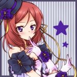  1girl bare_shoulders blush border bust finger_to_mouth gloves hat looking_at_viewer love_live!_school_idol_project lowres nishikino_maki nora-toro pink_gloves redhead short_hair solo star vertical-striped_background violet_eyes 