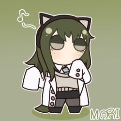  1girl animal_ear_headphones animal_ears artist_name black_pantyhose black_skirt blue_necktie brown_eyes buttoned_cuffs buttons cat_ear_headphones cat_ears chibi chibi_only chiloveig_(girls'_frontline_2) coat commentary diagonal-striped_clothes diagonal-striped_necktie eighth_note fake_animal_ears girls'_frontline_2:_exilium girls_frontline green_background green_hair grey_sweater hands_up headphones highres lab_coat long_hair long_sleeves looking_at_viewer miniskirt mori_koa musical_note necktie no_mouth no_nose open_clothes open_coat outline pantyhose pencil_skirt simple_background skirt sleeves_past_fingers sleeves_past_wrists solid_circle_eyes solo standing striped_clothes sweater white_coat white_outline wing_collar 