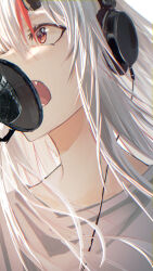  1girl absurdres close-up cokei commentary fang hair_between_horns headphones highres hololive horns long_hair multicolored_hair nakiri_ayame oni open_mouth red_eyes red_hair skin-covered_horns solo virtual_youtuber white_hair 