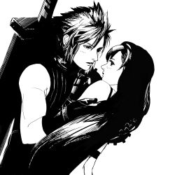 1boy 1girl bare_shoulders black_gloves black_hair buster_sword cloud_strife commentary_request couple crop_top eye_contact final_fantasy final_fantasy_vii final_fantasy_vii_remake gloves hand_on_another's_back hetero highres huge_weapon light_blush long_hair looking_at_another looking_at_viewer parted_lips ribbed_sweater short_hair sleeveless sleeveless_turtleneck spiky_hair sweater sword sword_on_back tank_top tifa_lockhart tori_(labyrinth_fft) turtleneck turtleneck_sweater upper_body weapon weapon_on_back white_tank_top 