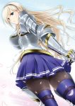  1girl absurdres armor black_legwear blonde_hair blue_eyes boots breasts celia_kumani_entory drill_hair from_behind from_below gauntlets hairband highres long_hair looking_back no.gomensu pantyhose petals skirt solo spaulders thigh-highs thigh_boots walkure_romanze 