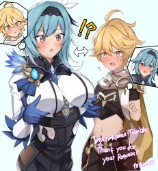  :o adapted_costume aether_(genshin_impact) alternate_breast_size_(larger) artist_name ass belt black_headband black_shorts blonde_hair blue_gloves blue_hair blue_necktie blush body_switch breasts brown_belt brown_pants brown_shirt commission commissioner_name cropped_shirt cryo_symbol_(genshin_impact) double-parted_bangs eula_(genshin_impact) flying_sweatdrops genshin_impact gloves hair_between_eyes hand_up hands_up headband high-waist_shorts highres huge_breasts impossible_clothes impossible_shirt long_sleeves looking_at_another looking_at_breasts looking_down medium_hair messy_hair midriff multicolored_eyes necktie notice_lines open_mouth pants personality_switch scarf shirt short_hair shorts simple_background skeb_commission toshima19699496 two-tone_eyes upper_body violet_eyes vision_(genshin_impact) watermark white_background white_scarf white_shirt yellow_eyes 