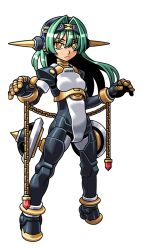  1girl armor armored_boots black_armor black_bodysuit bodysuit boots chain closed_mouth expressionless gauntlets gold_armor green_hair hair_between_eyes harakawa_mitsuhiro headgear long_hair marion_(shinrabanshou) multicolored_armor multicolored_bodysuit official_art shinrabanshou solo third-party_source transparent_background white_bodysuit yellow_eyes 