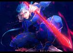  1boy akihito_(kiraku) blue_hair fate/stay_night fate_(series) gae_bolg highres lancer long_hair ponytail red_eyes solo squatting 