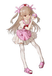  1girl absurdres apron cokei commentary_request hair_ornament hat highres holding long_hair looking_at_viewer natori_sana natori_sana_(nurse) nurse nurse_cap pink_apron pocket red_eyes sana_channel simple_background solo thigh-highs virtual_youtuber white_thighhighs 