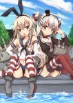  2girls amatsukaze_(kantai_collection) black_eyes black_legwear blonde_hair blush brown_eyes chestnut_mouth choker clouds elbow_gloves garter_straps gloves hairband kantai_collection long_hair microskirt midriff multiple_girls navel nora-toro panties pantyshot pantyshot_(sitting) pointing pointing_at_viewer red_legwear rensouhou-chan rensouhou-kun school_uniform serafuku shimakaze_(kantai_collection) silver_hair sitting skirt sky smile striped striped_legwear thigh-highs two_side_up underwear water white_gloves 