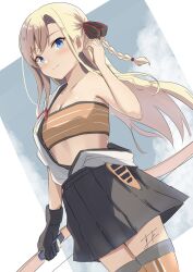  1girl absurdres bandeau black_gloves black_hakama blonde_hair blue_eyes bow_(weapon) braid breasts cosplay gloves hadanugi_dousa hakama hakama_short_skirt hakama_skirt high_school_fleet highres holding holding_bow_(weapon) holding_weapon japanese_clothes kantai_collection kimono long_hair low-tied_long_hair medium_breasts open_clothes open_kimono partially_fingerless_gloves shouhou_(kancolle) shouhou_(kancolle)_(cosplay) single_braid single_glove skirt solo sukimizaki weapon wilhelmina_braunschweig_ingenohl_friedeburg yugake 