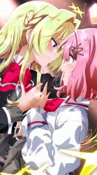  2girls amaori_renako ashigaya_high_school_uniform blonde_hair blue_eyes blush bow bowtie cardigan cardigan_around_waist clothes_around_waist commentary_request eye_contact flustered hair_intakes hair_ornament hairclip highres long_hair looking_at_another medium_hair multiple_girls open_mouth ouzuka_mai pink_hair red_bow red_bowtie school_uniform sengoku_chidori shirt smile violet_eyes watashi_ga_koibito_ni_nareru_wake_naijan_murimuri! white_shirt x_hair_ornament yuri 