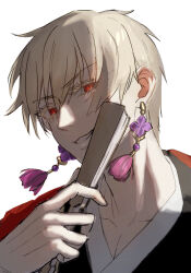  1boy blonde_hair clenched_teeth colored_eyelashes commentary_request earrings fate_(series) folding_fan gilgamesh_(fate) hand_fan hand_up highres holding holding_fan jewelry looking_at_viewer male_focus parted_lips portrait raisakaki01 red_eyes short_hair simple_background smile solo teeth white_background 