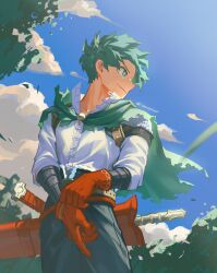  1boy adjusting_clothes adjusting_gloves black_pants blue_sky boku_no_hero_academia boku_no_hero_academia_2nd_popularity_poll cape clouds day freckles gloves green_cape green_eyes green_hair highres male_focus midoriya_izuku pants red_gloves shirt shirt_tucked_in short_hair sky solo standing sword twitter_username weapon white_shirt yeol2510 