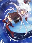  1girl absurdres amatsukaze_(kantai_collection) black_panties blue_sky brown_dress brown_eyes choker dress erimu garter_straps hair_tubes headgear high_heels highres kantai_collection long_hair machinery neckerchief ocean open_mouth panties pantyshot red_legwear rensouhou-kun sailor_collar sailor_dress see-through silver_hair sky striped striped_legwear thigh-highs two_side_up underwear waves 