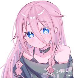  1girl :t absurdres arms_at_sides bare_shoulders black_bra black_choker black_shirt blue_eyes blush bra braid braided_sidelock cevio choker closed_mouth collarbone commentary_request double-parted_bangs eyes_visible_through_hair flat_chest from_above hair_between_eyes hair_flaps highres ia_(vocaloid) long_hair long_hair_between_eyes looking_at_viewer off-shoulder_shirt off_shoulder pink_hair shirt simple_background solo tareme tsukizuumi underwear upper_body vocaloid white_background 