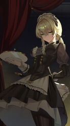  1girl absurdres arm_behind_back black_dress black_ribbon blonde_hair breasts buttons cross-laced_clothes cross-laced_dress double-breasted dress expressionless frilled_dress frills girls'_frontline_2:_exilium girls_frontline green_eyes hair_between_eyes hair_ornament hair_ribbon hairclip hand_up highres holding holding_tray humugo light_frown looking_at_viewer maid_headdress medium_breasts medium_hair ponytail ribbon sextans_(girls'_frontline_2) solo standing thigh-highs tray 