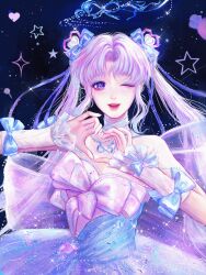  1girl absurdres arm_warmers back_bow blue_bow blue_dress blue_eyeshadow blue_halo blue_ribbon bow bow_in_eye bowtie chinese_commentary colored_tips commentary_request cowboy_shot double_bun dreamtime_bestowed_(infinity_nikki) dress eyelashes eyeshadow frilled_arm_warmers frills gem gem_hair_ornament hair_bow hair_bun hair_ribbon halo happy heart heart-shaped_gem heart_hands highres infinity_nikki jewel_under_eye large_bow light_blush light_particles lipstick long_hair looking_at_viewer makeup multicolored_hair neck_ribbon nikki_(series) official_alternate_color one_eye_closed open_mouth parted_bangs pink_bow pink_bowtie pink_dress pink_hair pink_lips procreate_(medium) purple_bow purple_ribbon ribbon see-through_bow sidelocks smile solo space sparkle standing star_(symbol) teeth twintails two-tone_dress upper_teeth_only very_long_hair violet_eyes white_arm_warmers white_bairen white_gem white_ribbon wrist_bow 