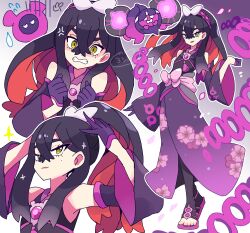  1girl alternate_hairstyle black_hair carmine_(pokemon) carmine_(sygna_suit)_(pokemon) clenched_hands clenched_teeth closed_mouth colored_inner_hair commentary_request crossed_bangs detached_sleeves eyelashes floral_print floral_print_kimono flying_sweatdrops gloves hair_between_eyes hairband highres japanese_clothes kimono long_hair long_sleeves looking_at_viewer mole mole_under_eye multicolored_hair multiple_views official_alternate_costume open_mouth pecharunt pokemon pokemon_(creature) pokemon_masters_ex ponytail print_kimono purple_gloves purple_hairband purple_kimono red_hair sandals smile sweatdrop teeth two-tone_hair wide_sleeves yellow_eyes yoshishi_(yosisitoho) 