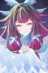  1girl black_hair bow closed_mouth columbina_(genshin_impact) commentary_request genshin_impact hair_ribbon half-closed_eyes head_wings highres iragashi_m_m light_smile long_hair looking_at_viewer multicolored_hair multiple_wings pink_hair ribbon solo two-tone_hair upper_body violet_eyes white_bow white_ribbon white_wings wings 