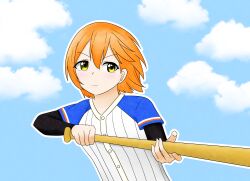  1girl :3 absurdres baseball baseball_bat baseball_uniform black_shirt blue_sky blush border bunting_(baseball) closed_mouth clouds commentary_request day god_of_gaea hair_between_eyes highres holding holding_baseball_bat hoshizora_rin long_sleeves looking_to_the_side love_live! love_live!_school_idol_project orange_hair outdoors shirt shirt_under_shirt short_hair sky solo sportswear striped_clothes striped_shirt undershirt upper_body v-shaped_eyebrows vertical-striped_clothes vertical-striped_shirt white_border white_shirt yellow_eyes 