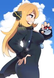  1girl absurdres alt_text black_coat blonde_hair breasts coat cynthia_(pokemon) from_side fur_collar gjh grey_eyes hair_ornament highres large_breasts long_hair nail_polish poke_ball pokemon pokemon_dppt sideboob smile solo 