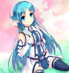  1girl asuna_(sao) asuna_(sao-alo) blue_eyes blue_hair long_hair pointy_ears saotome_mirai sitting sword_art_online thigh-highs wariza 