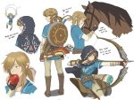  1boy aiming apple arrow blonde_hair blue_eyes boots bow_(weapon) check_translation collage earrings eating fingerless_gloves food fruit gloves hood horse jewelry knee_boots korean link mimme_(haenakk7) parachute pointy_ears quiver shield solo the_legend_of_zelda translation_request vambraces weapon zelda_wii_u 