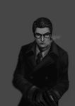  1boy blurry depth_of_field en_(en-chune) glasses gloves greyscale gun joseph_oda long_coat monochrome realistic solo the_evil_within trench_coat weapon 