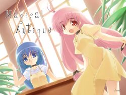  2girls :d antenna_hair apron artist_name artist_request black_choker black_ribbon blue_eyes blue_hair choker closed_mouth copyright_name dress glasses hair_ribbon hood hood_down hoodie indoors long_hair looking_at_viewer low-tied_long_hair magical_antique multiple_girls non-web_source official_art open_mouth open_window pink_hair plant red_eyes rian_(magical_antique) ribbon short_sleeves signature smile sphie tri_tails white_hoodie window yellow_apron yellow_dress 