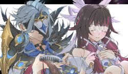  1boy 1girl absurdres ascot bare_shoulders black_hair blue_ascot blue_hair blue_shirt bow brushing_another's_hair brushing_hair closed_eyes closed_mouth coat columbina_(genshin_impact) dottore_(genshin_impact) dress earrings eye_mask feather_trim genshin_impact hair_ribbon head_wings highres holding holding_another's_hair holding_brush jewelry long_hair mask moderate_gold multicolored_hair o-ring parted_lips pink_hair ribbon shirt sidelocks simple_background smile streaked_hair upper_body very_long_hair white_background white_bow white_coat white_dress white_ribbon white_wings wings wrist_bow 
