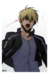  1boy blonde_hair buttons commentary_request cropped_jacket eye_trail eyes_visible_through_hair fate_(series) gilgamesh_(fate) gilgamesh_(immoral_biker_jacket)_(fate) gradient_background hair_between_eyes high_collar highres jacket light_trail looking_at_viewer male_focus open_clothes open_jacket open_mouth raisakaki01 red_eyes shirt short_hair solo teeth upper_body white_shirt 