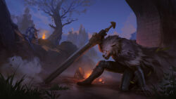  1boy 1other ambiguous_gender arm_support armor armored_boots blaidd_the_half-wolf blood blood_on_weapon blue_sky boots breastplate brick_wall building cape cloak elden_ring eye_trail facing_to_the_side fire floor fur_cloak furry gauntlets glowing glowing_eyes grass greatsword greaves helm helmet highres holding holding_sword holding_weapon huge_weapon knight leaf light_trail looking_at_another nature outdoors pauldrons planted planted_sword red_eyes reverse_grip rubble sabaton sharp_teeth shoulder_armor sky sonzennart sword tarnished_(elden_ring) teeth throwing tile_floor tiles torch tree weapon wolf_boy 