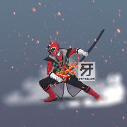  1boy bodysuit fangelion fire flaming_sword flaming_weapon full_body helmet highres holding holding_sword holding_weapon katana male_focus red_bodysuit red_helmet samurai_sentai_shinkenger shinken_red solo super_sentai sword tokusatsu weapon 