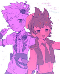  2boys :d animification belt boutonniere bow center_frills commentary copyright_name cosplay cosplay_request crown dated_commentary eddsworld epaulettes fangs flipped_hair frills gyuuum_planet99 hair_ears hat heart highres idol jitome long_sleeves male_focus matt_(eddsworld) mini_crown multiple_boys necktie one_eye_closed open_clothes open_mouth open_vest ouji_fashion pointing pointing_at_self pretty_series pripara shikyoin_hibiki shikyoin_hibiki_(cosplay) shirt short_hair shorts simple_background smile tord_(eddsworld) translation_request untranslatable_commentary vest white_background 